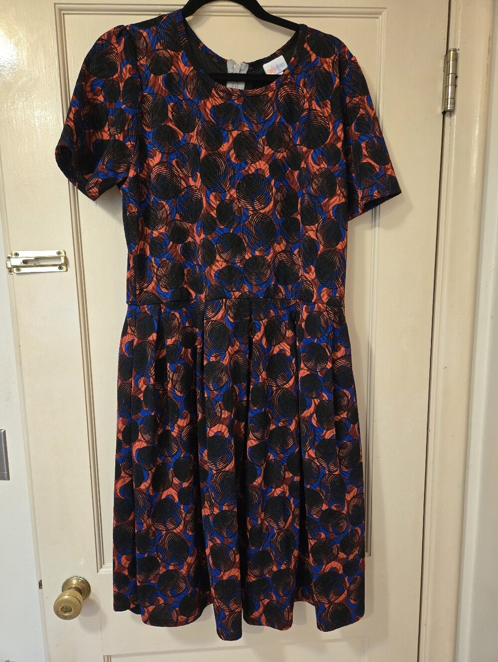 Lularoe Amelia  Short Sleeve Printed Fit & Flare Dress - Black, Blue & Orange